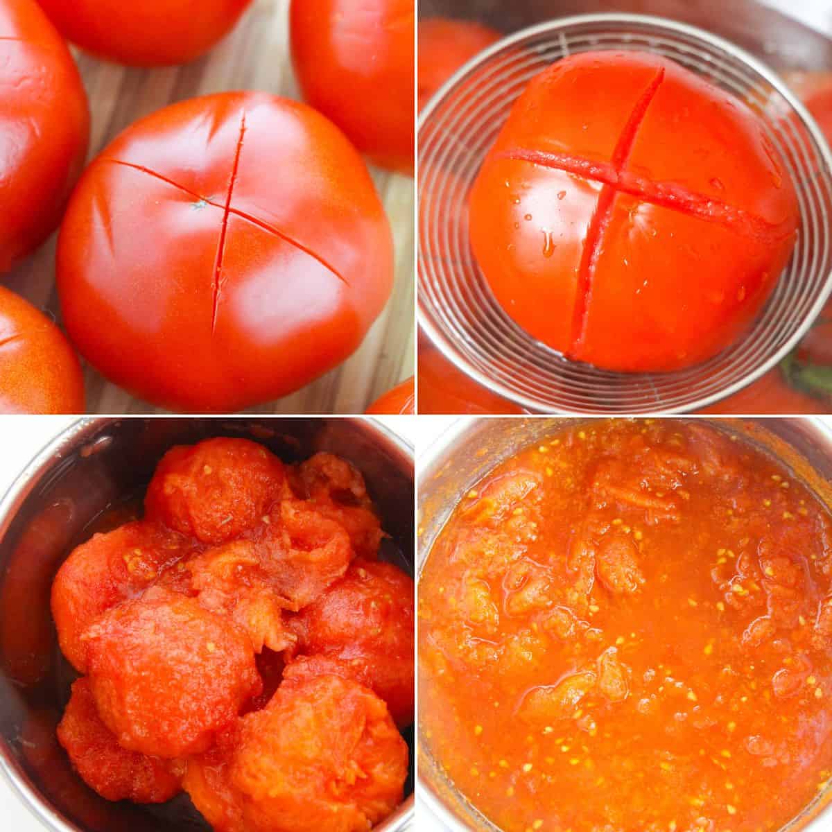 Steaming the skins off the tomates and cooking them down.