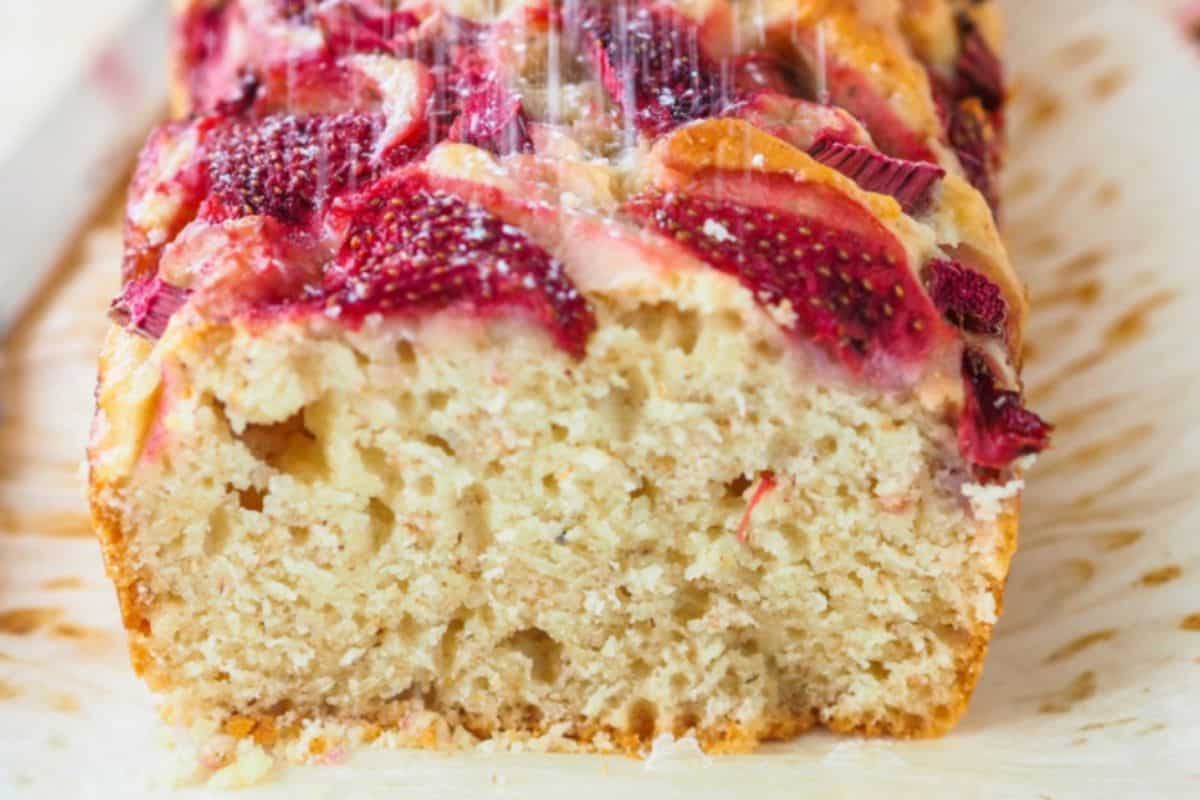 A delicious strawberry rhubarb loaf cake.