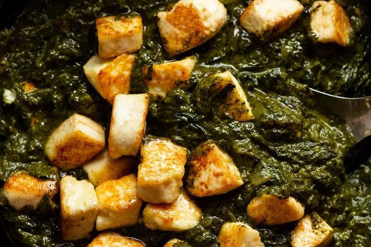 Chicken sits on top of a creamy green spinach sauce, showcasing the bold flavors that make Indian recipes a must try, with a spoon partially visible on the right side of the dish.