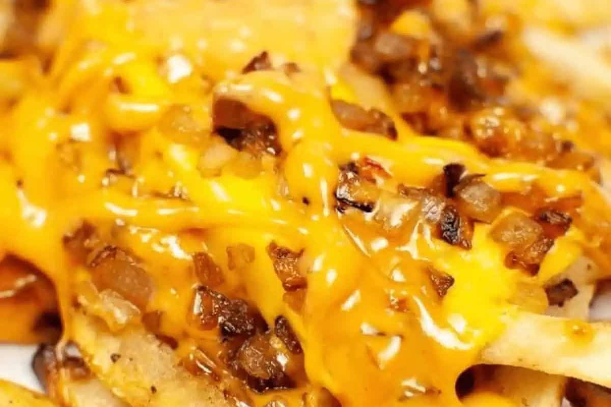 Close-up of French fries topped with melted cheese and chopped grilled onions, delivering crazy good flavor in every bite.