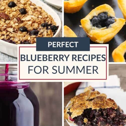 Collage of blueberry dishes including baked oatmeal, puff pastry bites, blueberry drink, and pie with text: "Perfect Blueberry Recipes for Summer Desserts.