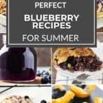 A collage of blueberry desserts and drinks with a centered text overlay reading "Perfect Blueberry Recipes for Summer"—a delicious showcase of summer desserts and blueberry dishes.