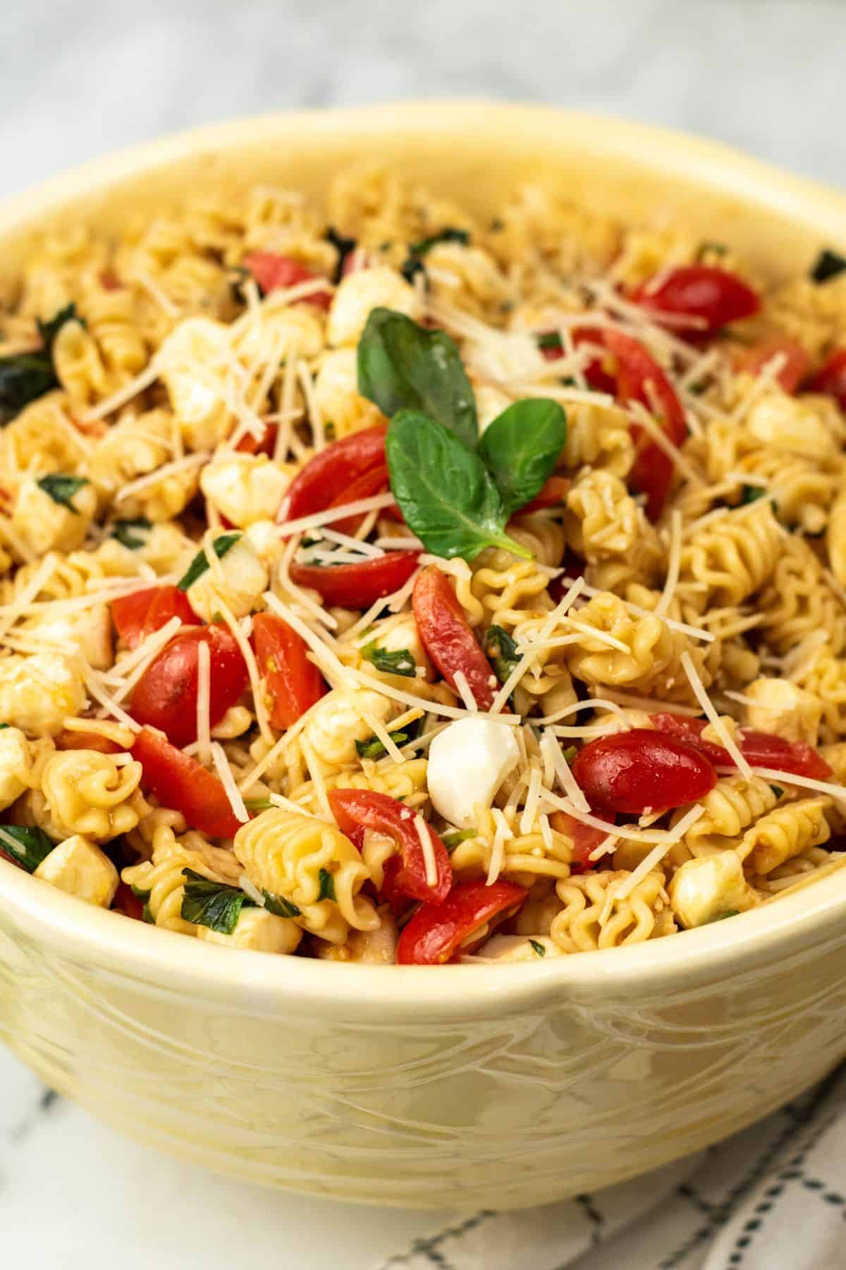 A bowl of the pasta salad.