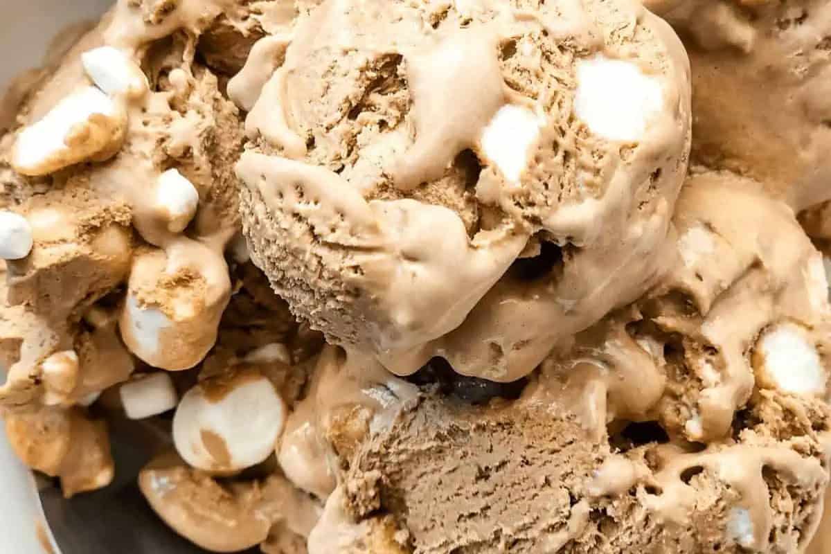 Close-up of scoops of chocolate ice cream with mini marshmallows mixed in—an irresistible dessert perfect for fans of frozen desserts.