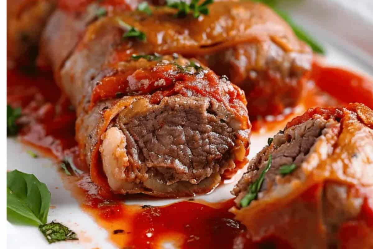 Sliced braciole topped with tomato sauce, showing rolled beef and herbs on a white plate with basil garnish—a classic favorite from Nonna’s recipes.