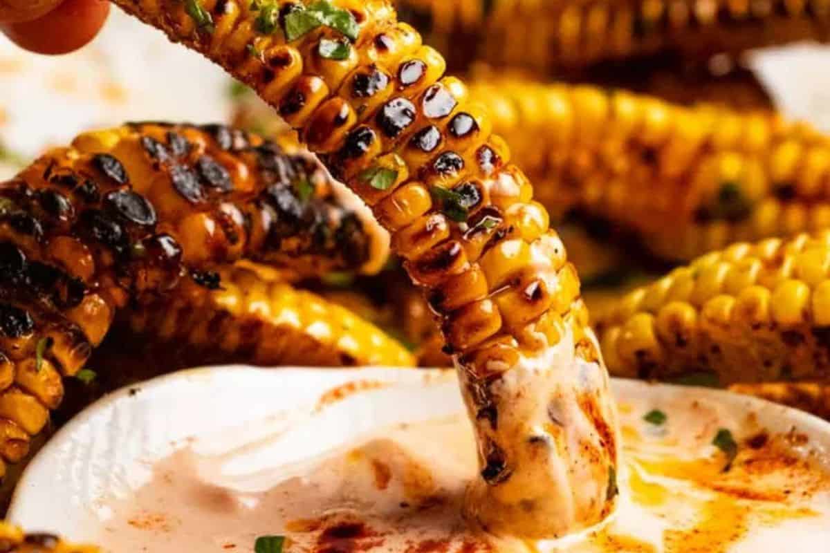 A close-up of a seasoned grilled corn rib being dipped in a tan creamy sauce. 