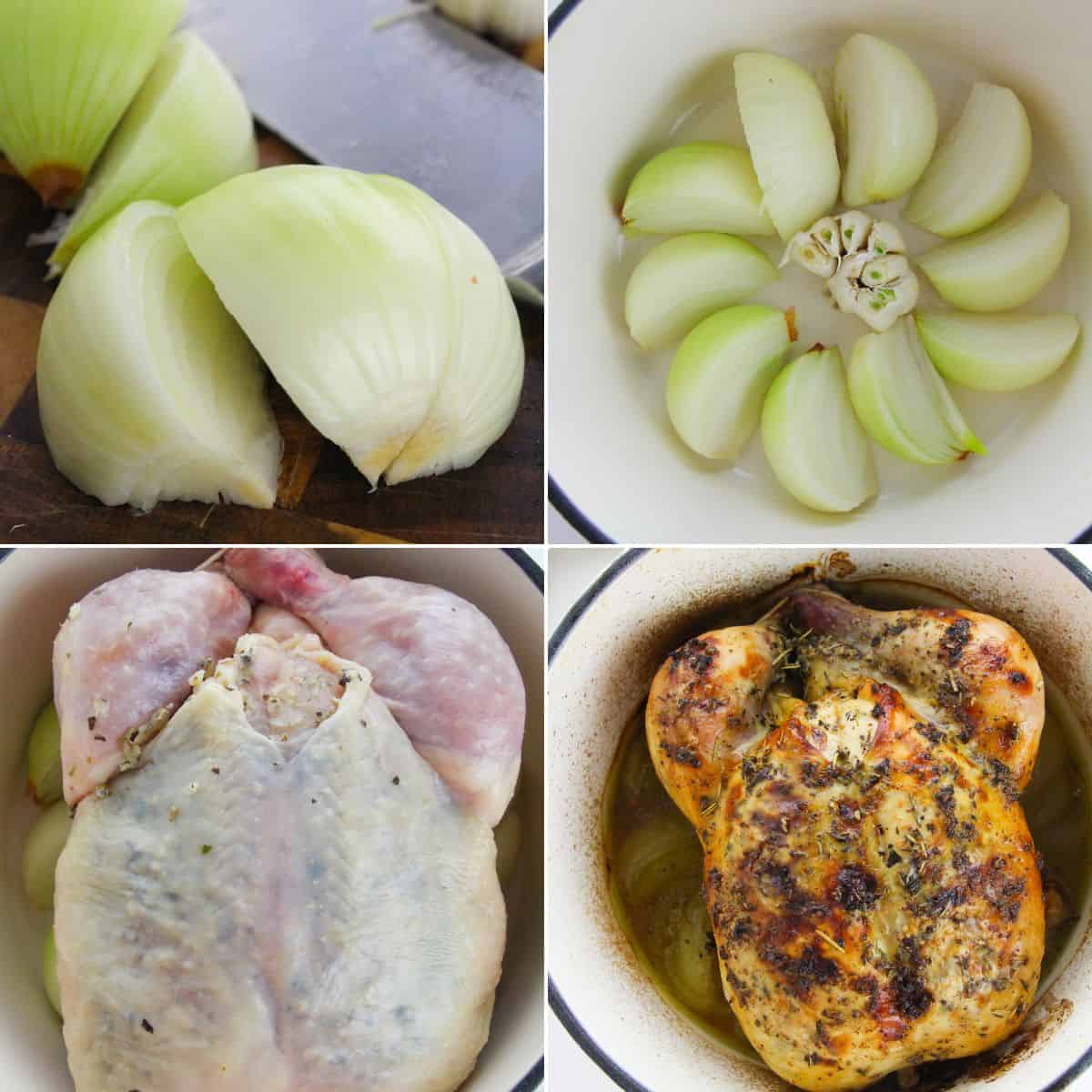 Four images show: sliced onions, onions and garlic in a pot, raw seasoned chicken in the pot, and Dutch Oven Roasted Chicken beautifully finished with herbs.