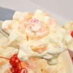 A spoonful of the fruit salad with cool whip.
