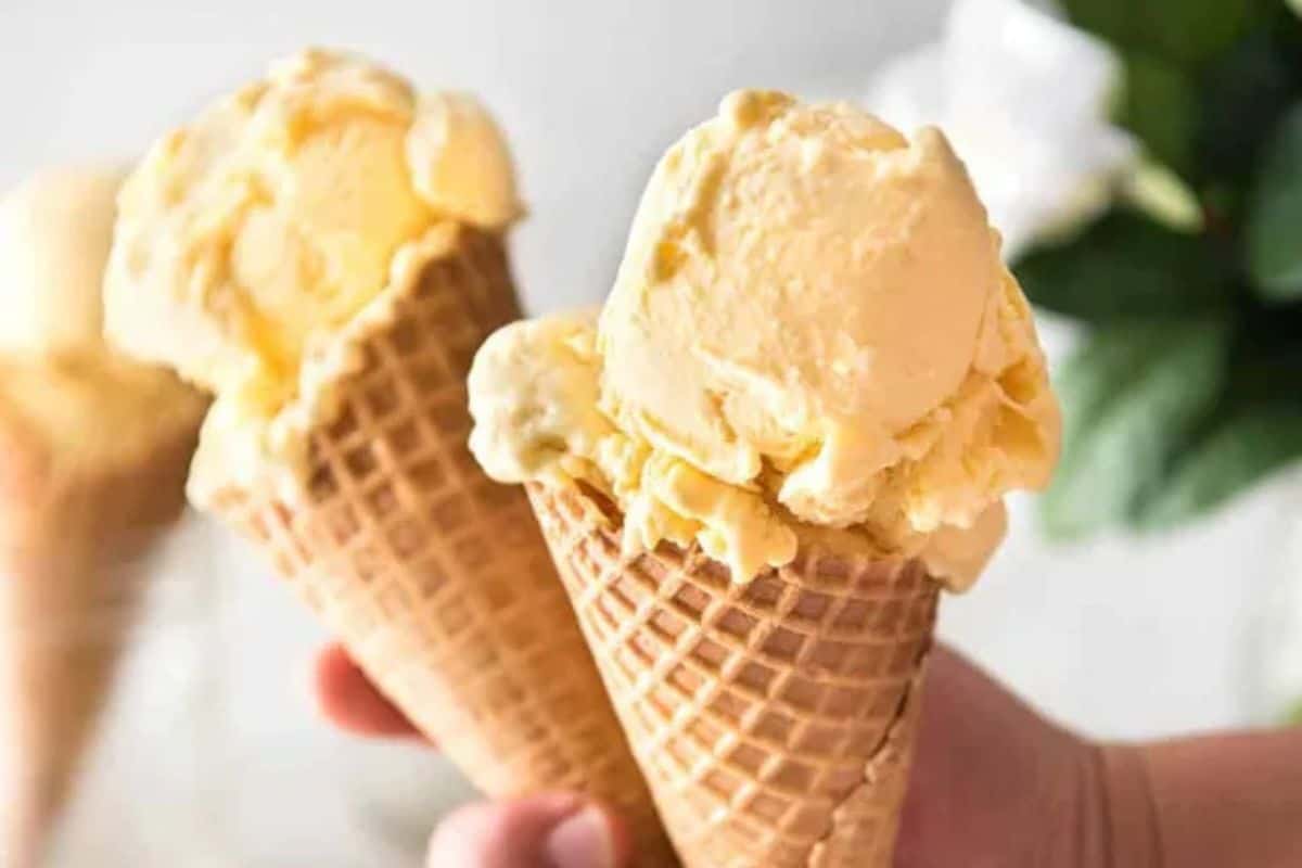 A close-up of two cones with homemade mango ice cream in them.