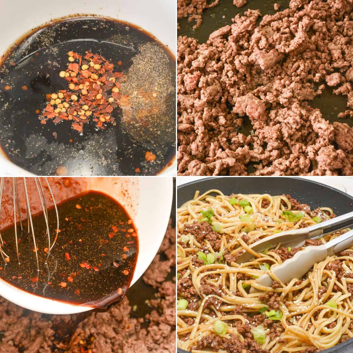 Cooking the beef, mixing the sauce and the noodles.