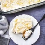 The baking dish and a plate of the finished dream dessert.