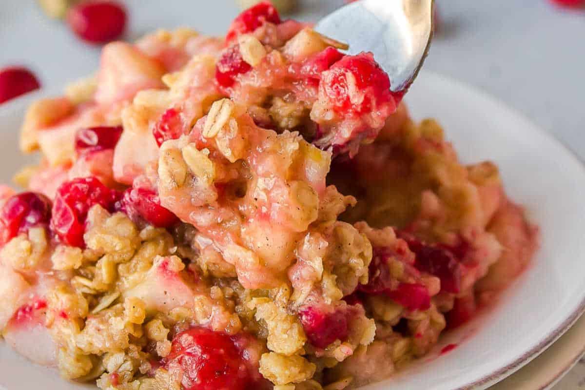 A close-up of a spoonful of an apple crisp with cranberries and fruit on a white plate, perfect for those who love effortless desserts and crave the comforting flavors of slow cooker desserts.