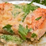 A grilled Tuscan Salmon fillet with creamy spinach sauce served on a bed of white rice, garnished with fresh parsley.