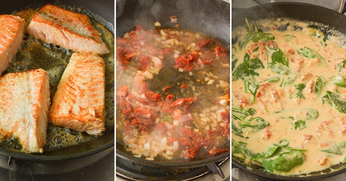 Three stages of cooking Tuscan Salmon: seared salmon fillets in a pan, onions and sun-dried tomatoes sautéing, and a creamy spinach sauce simmering with tomatoes.