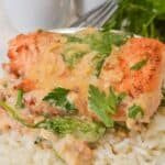 A piece of Tuscan Salmon topped with creamy spinach sauce served over white rice, garnished with parsley, with salt and pepper shakers in the background.