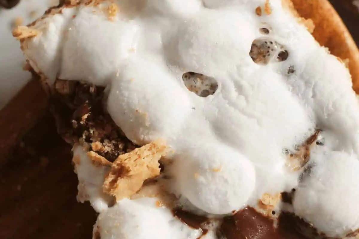 A close-up, slightly angled shot of a s'mores bar, showing a thick layer of bubbly, toasted white marshmallows on top of melted chocolate and crumbled graham crackers.