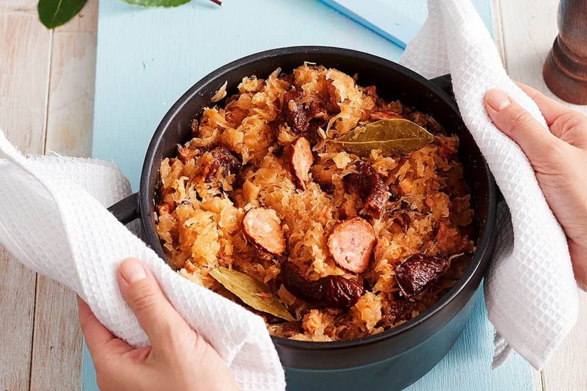 Traditional Polish Bigos—hearty hunter’s stew with sauerkraut, fresh cabbage, and assorted meats.
