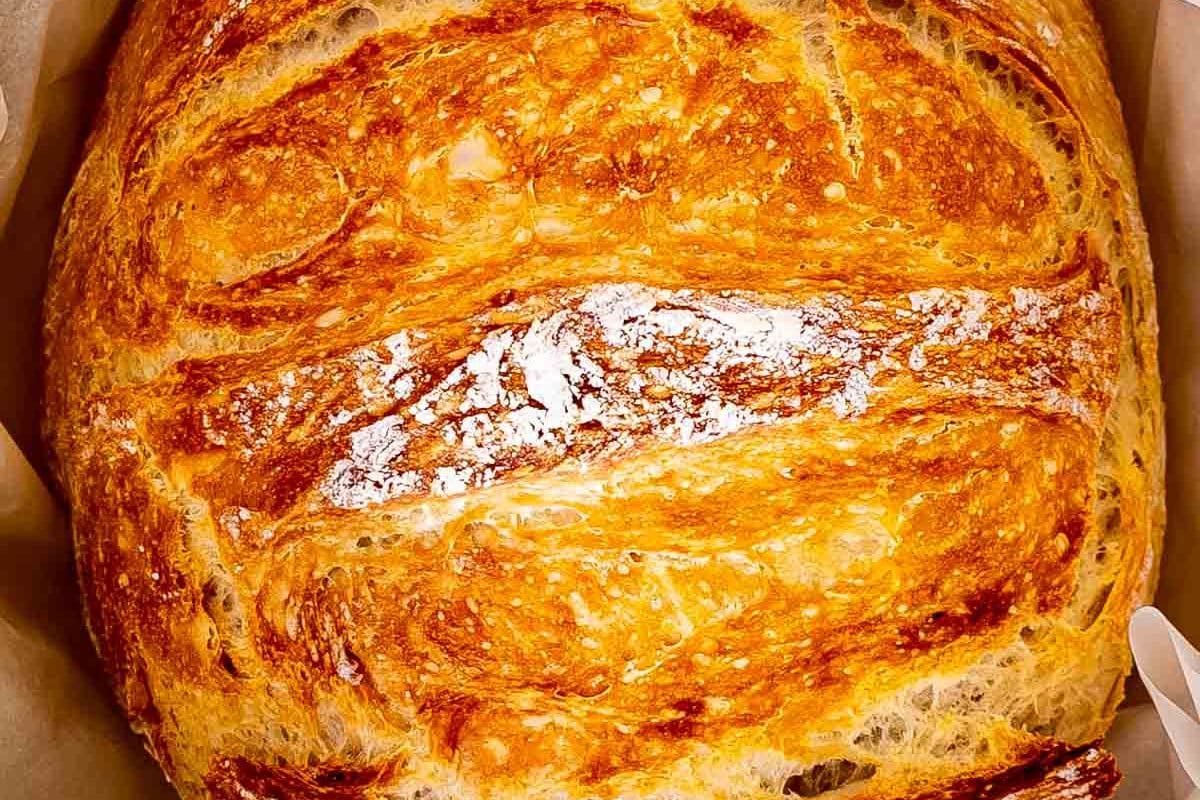 A round loaf of golden-brown artisan bread with a crispy crust and a dusting of flour on top, perfect for Dutch oven recipes and hearty meals.