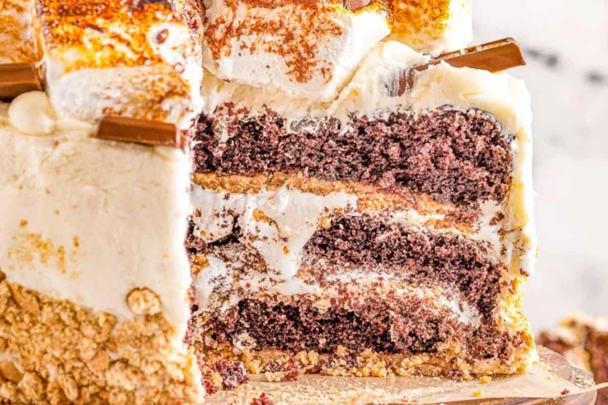 A close-up cross-section of a multi-layered s'mores cake. It features rich chocolate cake layers, white frosting, crumbled graham crackers, and pieces of chocolate and toasted marshmallows. The exterior is covered in white frosting, with crushed graham crackers around the base and some chocolate bar pieces and toasted marshmallows on top.