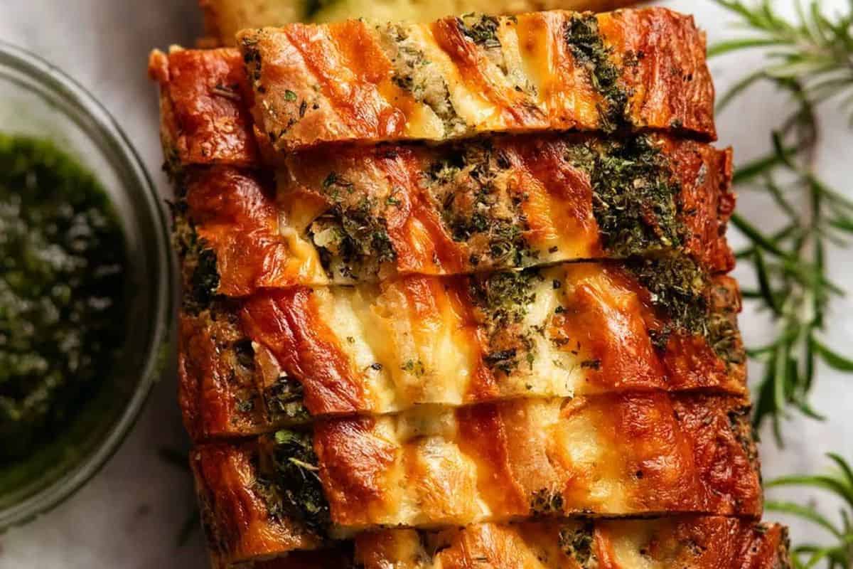 Sliced garlic bread topped with herbs, golden brown crust, and served with a side of green dipping sauce—a must try for fans of quick breads you can bake anytime.