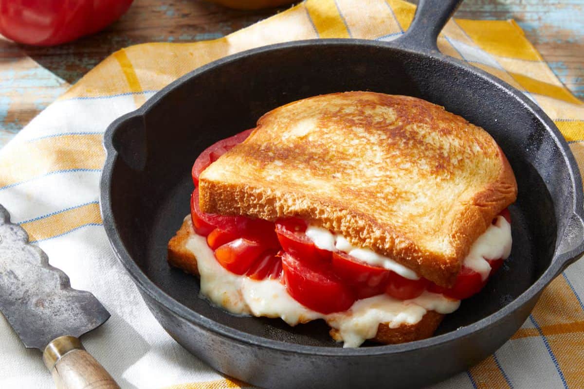 A grilled cheese and tomato sandwich with melted cheese in a black cast iron skillet, placed on a yellow-checked cloth—a classic among gourmet sandwiches.