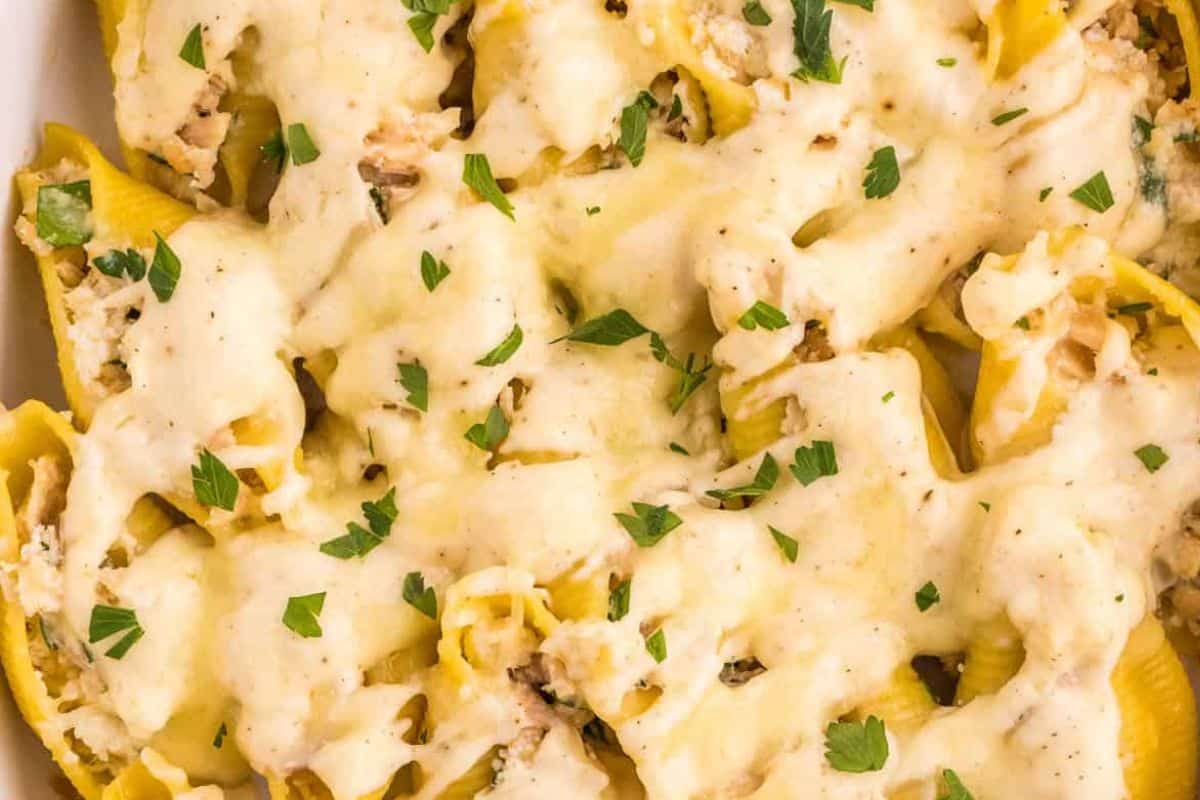 Close-up of stuffed pasta shells topped with melted cheese and garnished with chopped parsley—an irresistible addition to your list of tuna dinner ideas, perfect for trying creative canned tuna dinner recipes.