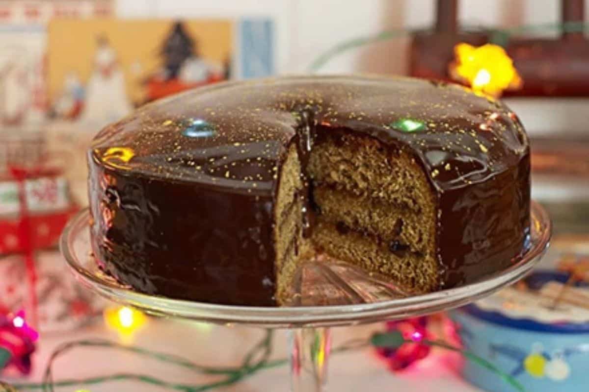 Moist gingerbread cake with warm spices and a rich, dark color.