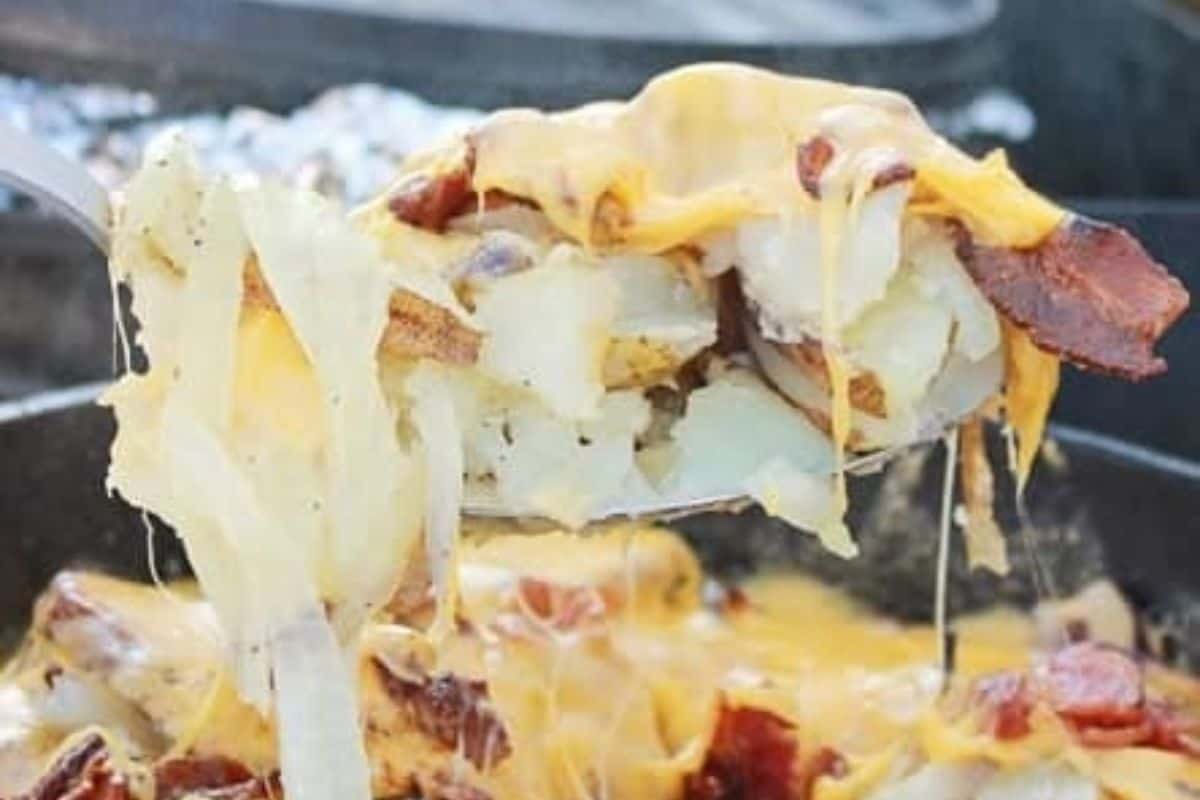 A close-up of a spoonful of cheesy potatoes with melted cheese, onions, and pieces of bacon in a skillet—a comforting Dutch oven recipe perfect for hearty meals.