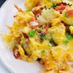 A plate of Enchilada Pasta with melted cheese, diced tomatoes, black beans, corn, and chopped fresh herbs.