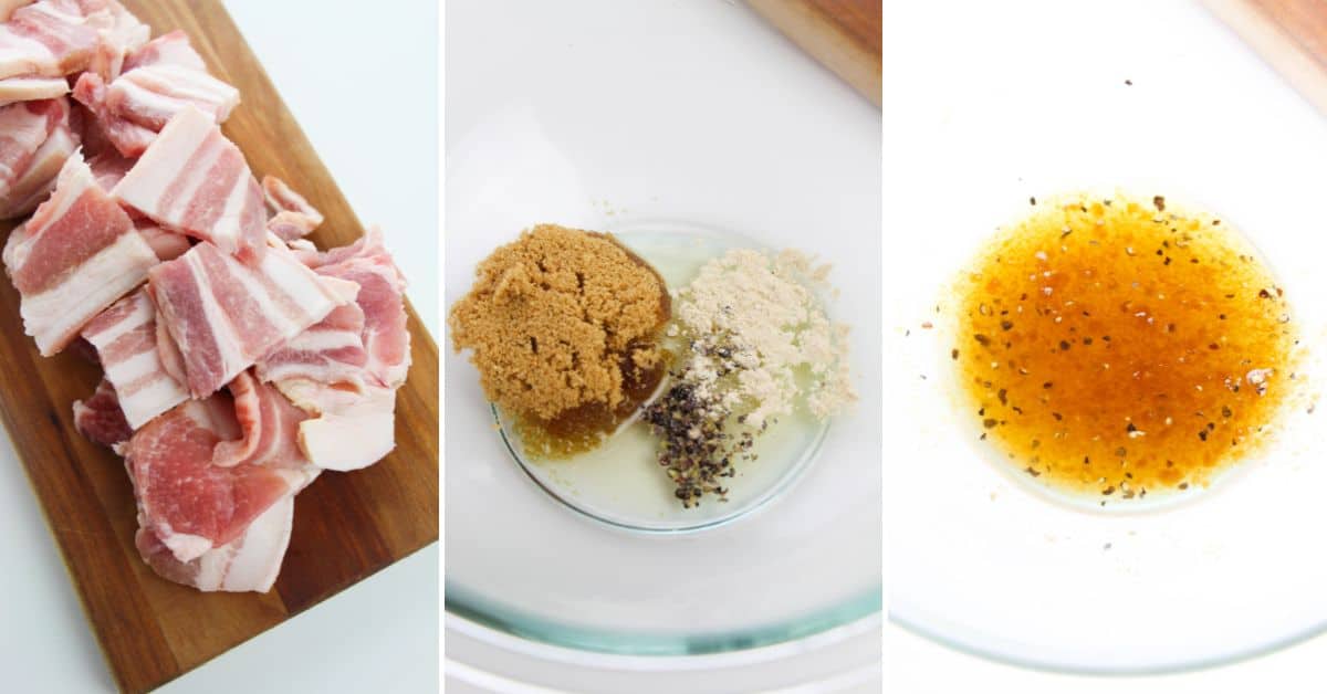 Three-panel image showing raw Baked Pork Belly slices on a cutting board, dry and wet ingredients in a bowl, and the ingredients mixed into a marinade.