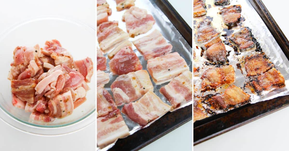 Three stages of bacon preparation: raw baked pork belly pieces in a bowl, pieces laid out on a foil-lined baking sheet, and cooked bacon pieces crisped to perfection on the baking sheet.
