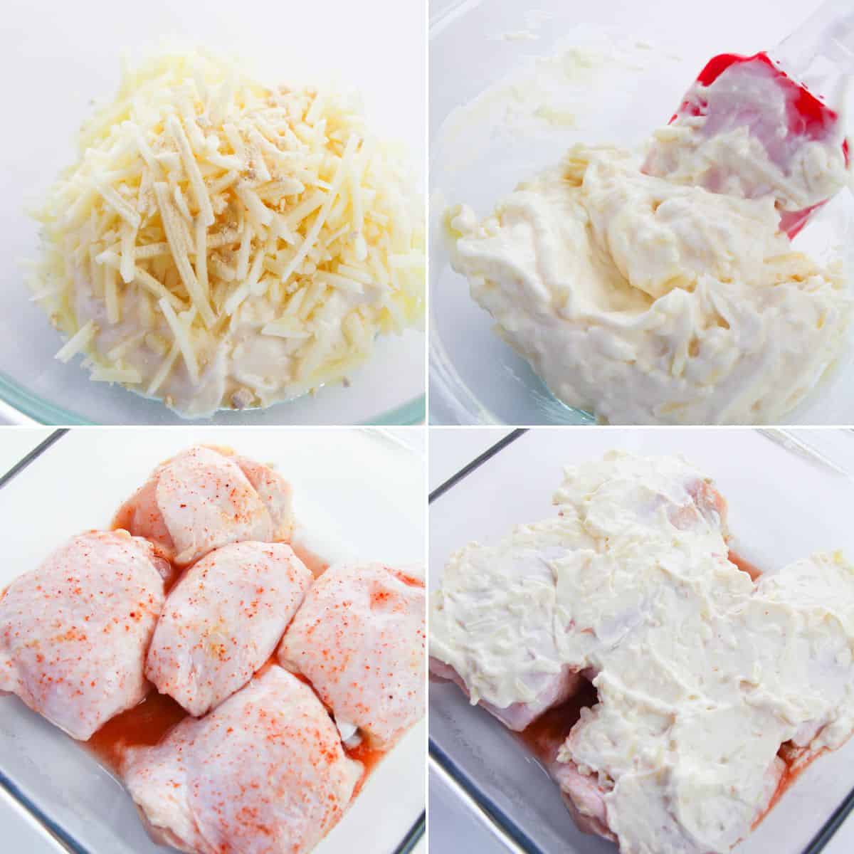 Four-step process: For Hellman's Crusted Parmesan Chicken, mix shredded cheese and seasoning with mayonnaise in a bowl, spread over raw chicken breasts in a baking dish, then fully coat before baking.