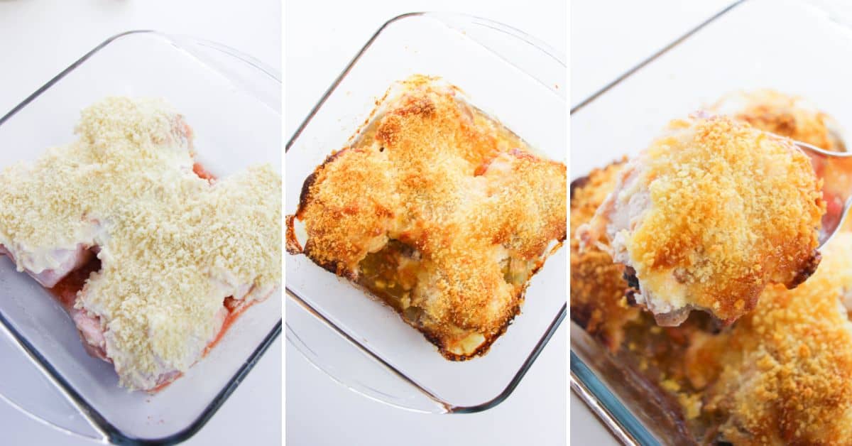 Three side-by-side photos show the progression of the recipe in a glass pan: uncooked with breadcrumbs, baked to a golden crust, and a serving being lifted out.