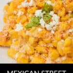 Close-up of Mexican Street Corn Casserole topped with crumbled cheese, cilantro, and seasoning, served on a white plate.