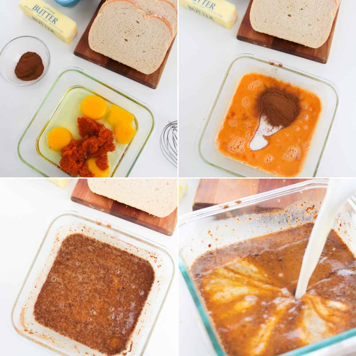 Four-step collage: bread, eggs, pumpkin, cinnamon, sugar, and milk are mixed in glass bowls step by step to prepare.