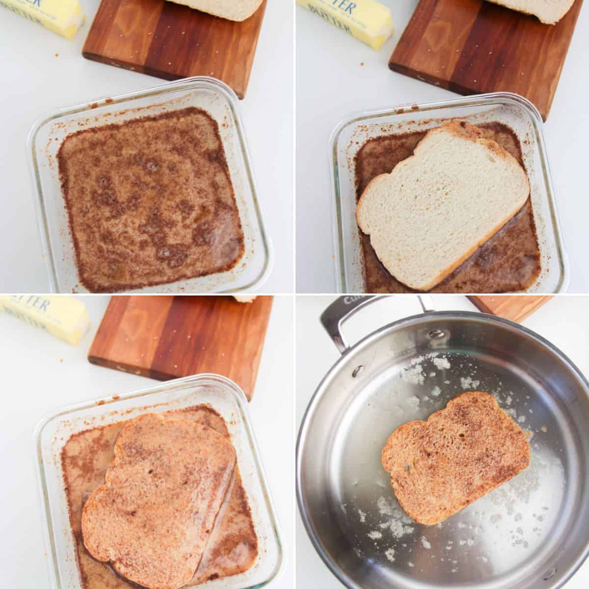 Four steps of making Pumpkin Pie Spice French Toast: whisking spiced egg mixture in a dish, dipping bread, coating both sides, and cooking the bread to golden perfection in a buttered pan.