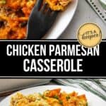 A fork holds a bite of Chicken Parmesan Casserole above a plate, showing the cheesy, golden layers of this comforting dish served on a white plate and garnished with fresh parsley.