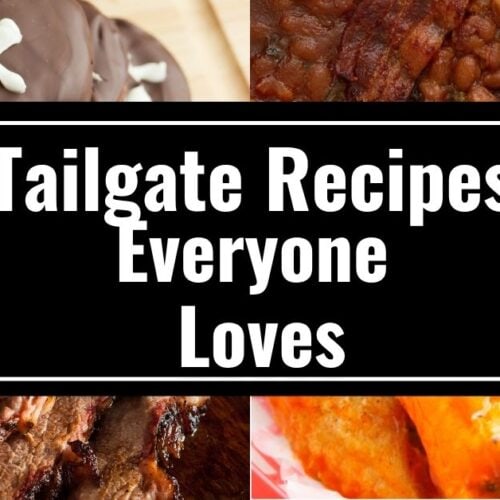 A collage of tailgate foods, including chocolate football treats, baked beans, grilled meat, and chicken wings, with text reading “Game Day Tailgate Recipes Everyone Loves” in the center.
