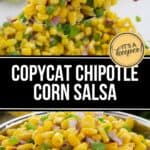A spoonful of corn salsa with red onion, cilantro, and jalapeño over a bowl, labeled "Copycat Chipotle Corn Salsa Recipe.