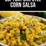 A bowl of corn salsa with diced red onion, green pepper, and cilantro, labeled as "Copycat Chipotle Corn Salsa Recipe.