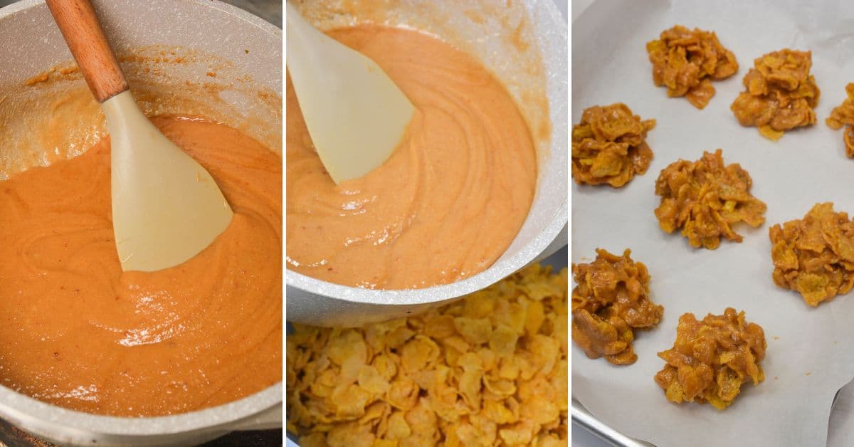Three images show: mixing a caramel-like batter adding cereal to the mixture, and spooning clusters onto a parchment-lined baking sheet.
