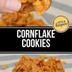 A hand holds a cluster of Cornflake Cookies above a white plate stacked with more Cornflake Cookies, with a text overlay reading "Cornflake Cookies.