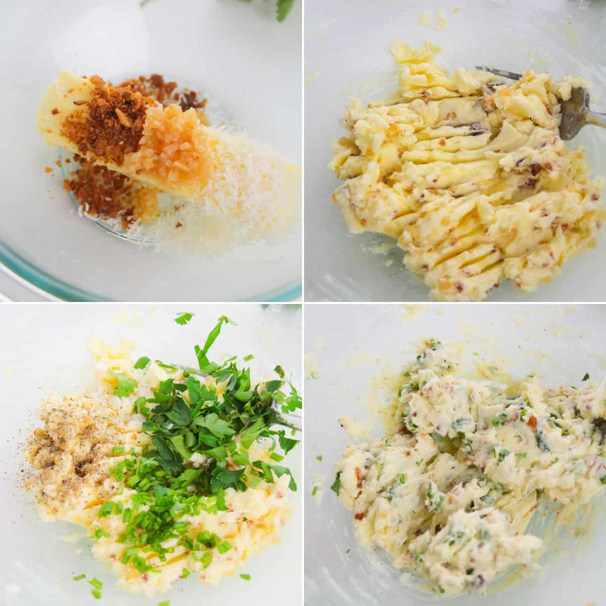 Four-panel image showing the process of making Garlic Herb Steak Butter by mixing butter with minced garlic, seasonings, and chopped herbs in a glass bowl.