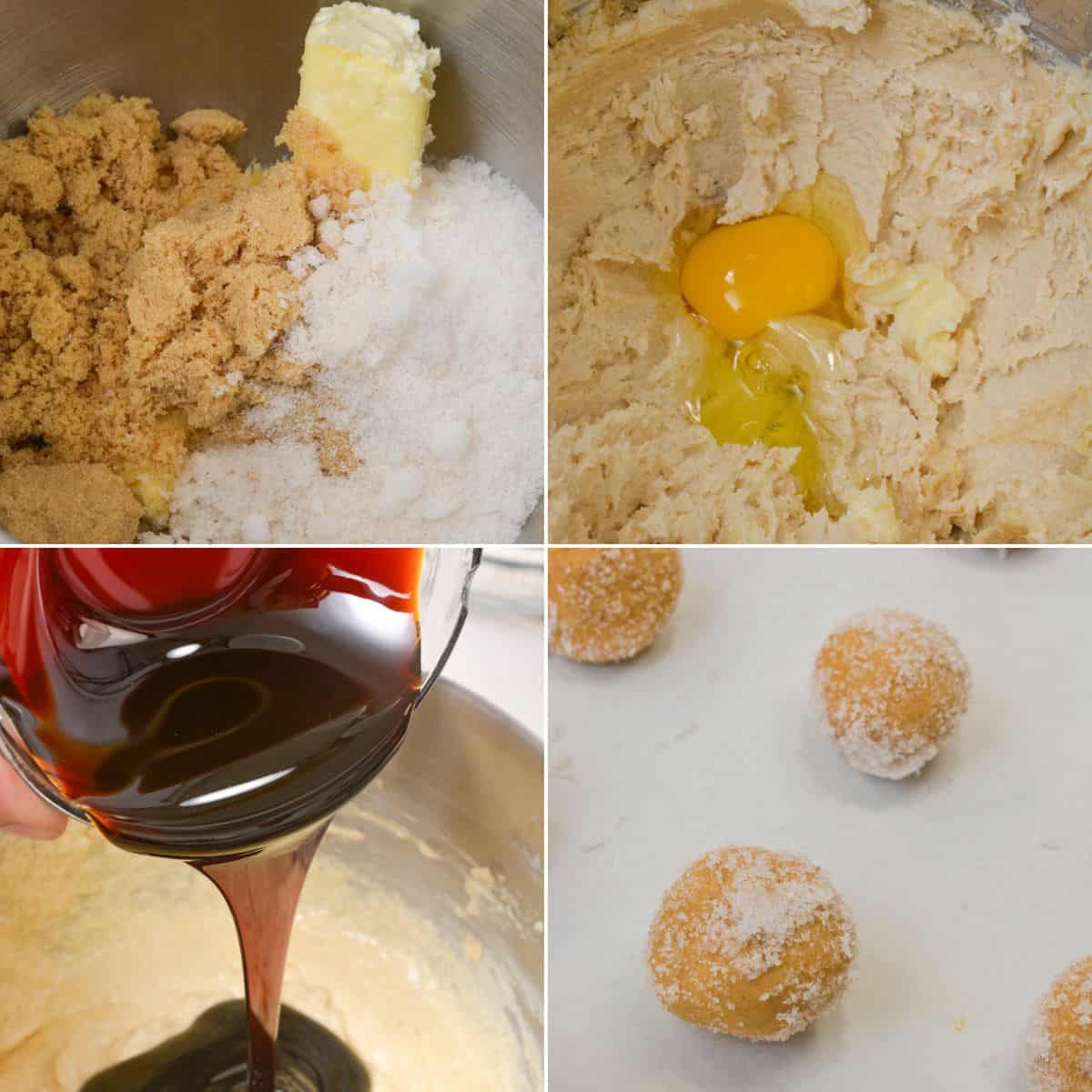 Four images show  mixing sugar and butter, adding eggs, pouring in molasses, and shaping dough balls coated in sugar on a baking sheet.