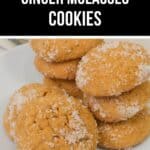 A plate of chewy Ginger Molasses Cookies coated with sugar, stacked and arranged neatly on a white dish.