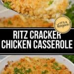 A serving of Ritz Cracker Chicken Casserole is being lifted from a baking dish, topped with golden cracker crumbs and garnished with chopped parsley.