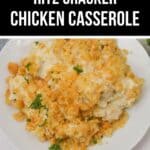 A serving of Ritz Cracker Chicken Casserole topped with crushed crackers and parsley, presented on a white plate.