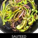 Sautéed onions and peppers, including sliced green bell peppers and red onions, cooked to perfection in a black cast iron skillet.