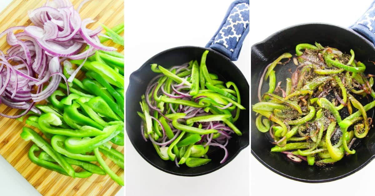 Three panels showing: Sautéed Onions and Peppers—sliced red onions and green bell peppers on a cutting board, the slices in a skillet, and the vegetables cooking with seasoning in the skillet.