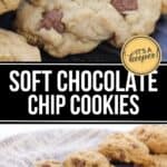A close-up of Soft Chocolate Chip Cookies with chocolate chunks, arranged on a dark tray and a sheet of newspaper.
